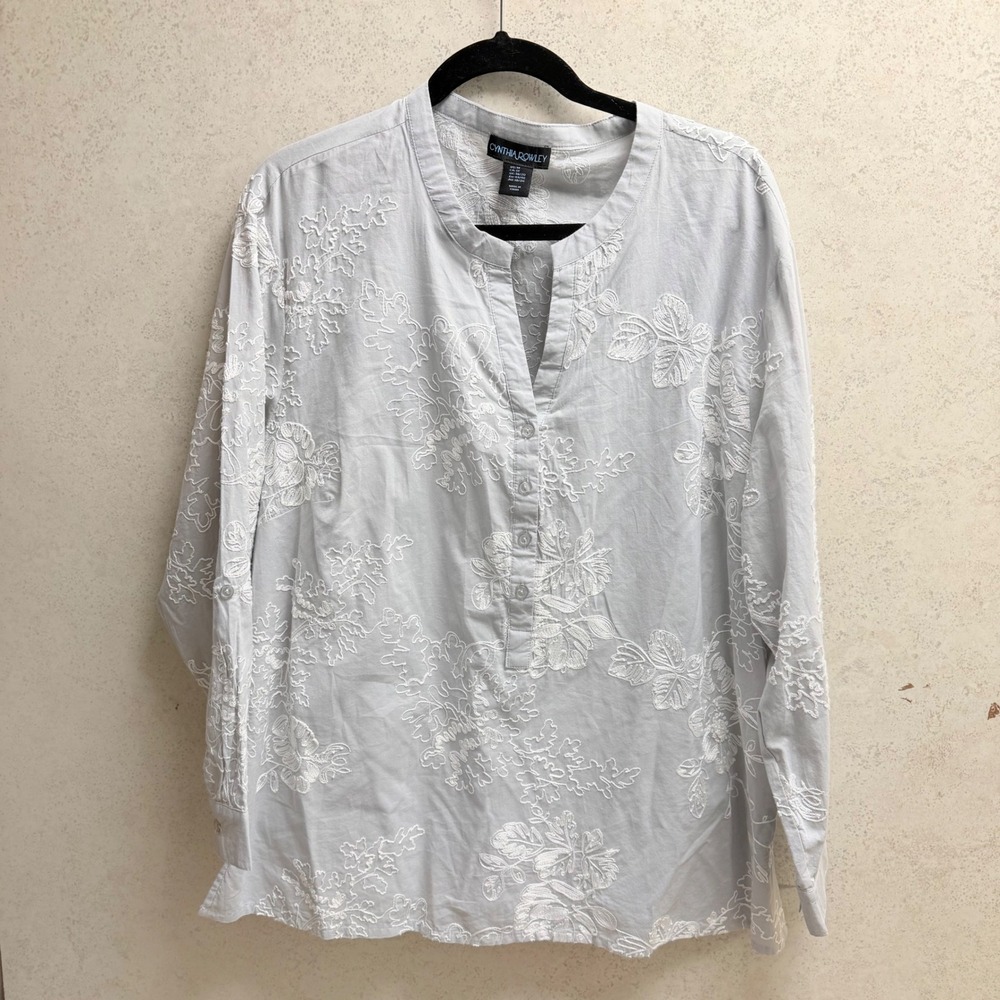 Cynthia Rowley 1x Plus Womens‎ Embroidered Cotton Boho Light Gray Soft Blouse